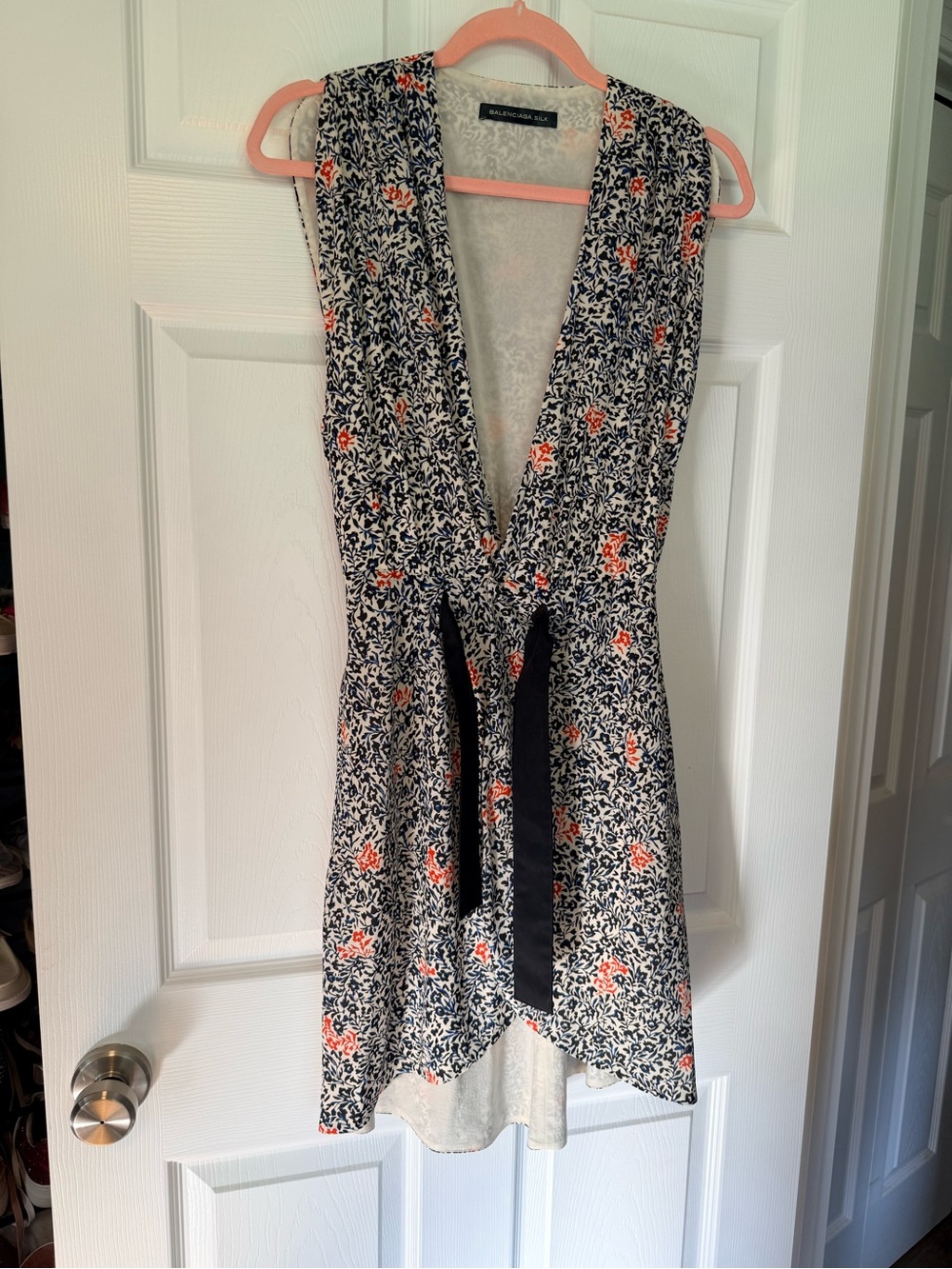 Balenciaga Navy and Coral Floral Asymmetrical Wrap Dress